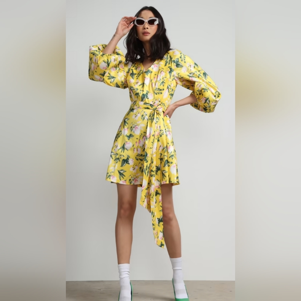 FLORAL-PRINT BALLOON-SLEEVE BELTED DRESS NWT